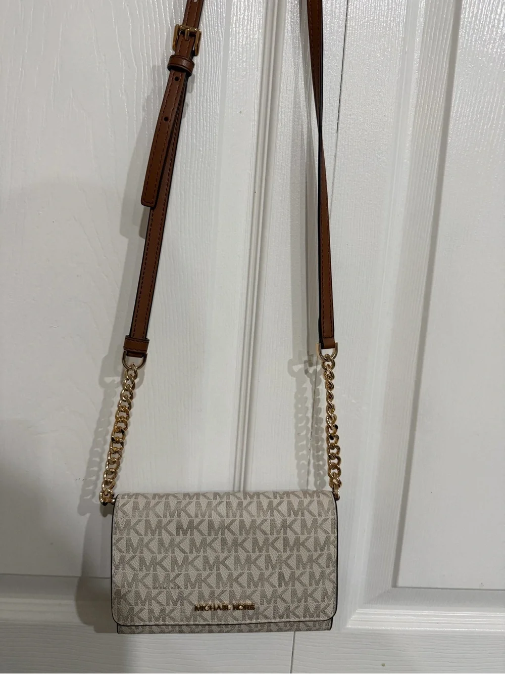 Michael Kors Beige MK Logo Crossbody with Gold Chain